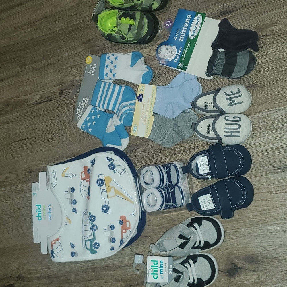 Baby boy lot shoes, socks bibs, mittens